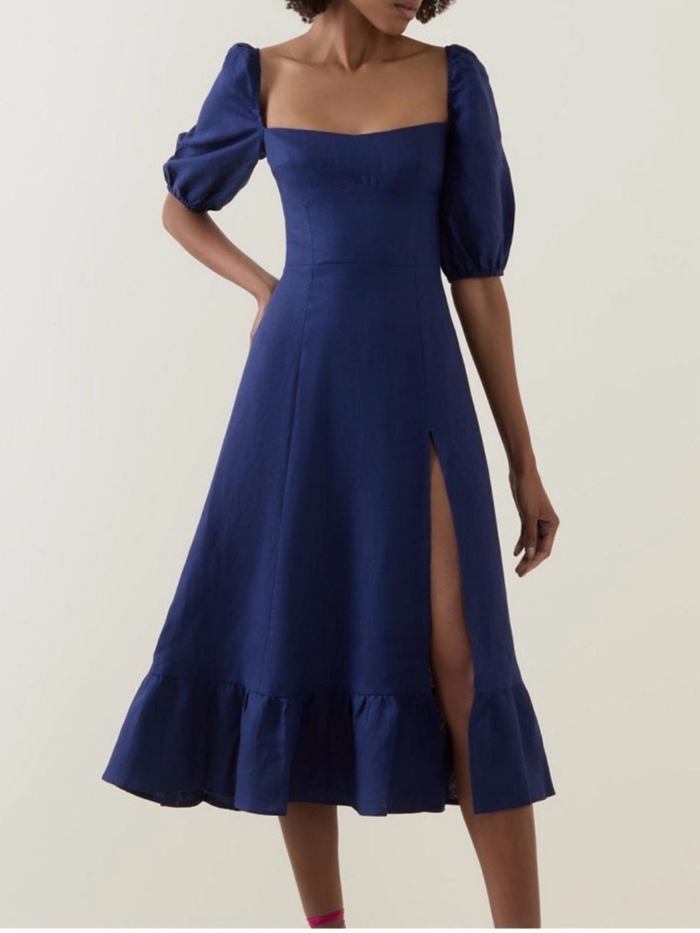 ReformationBelgium Linen Square Neck Puff Sleeve Midi Dress in Navy